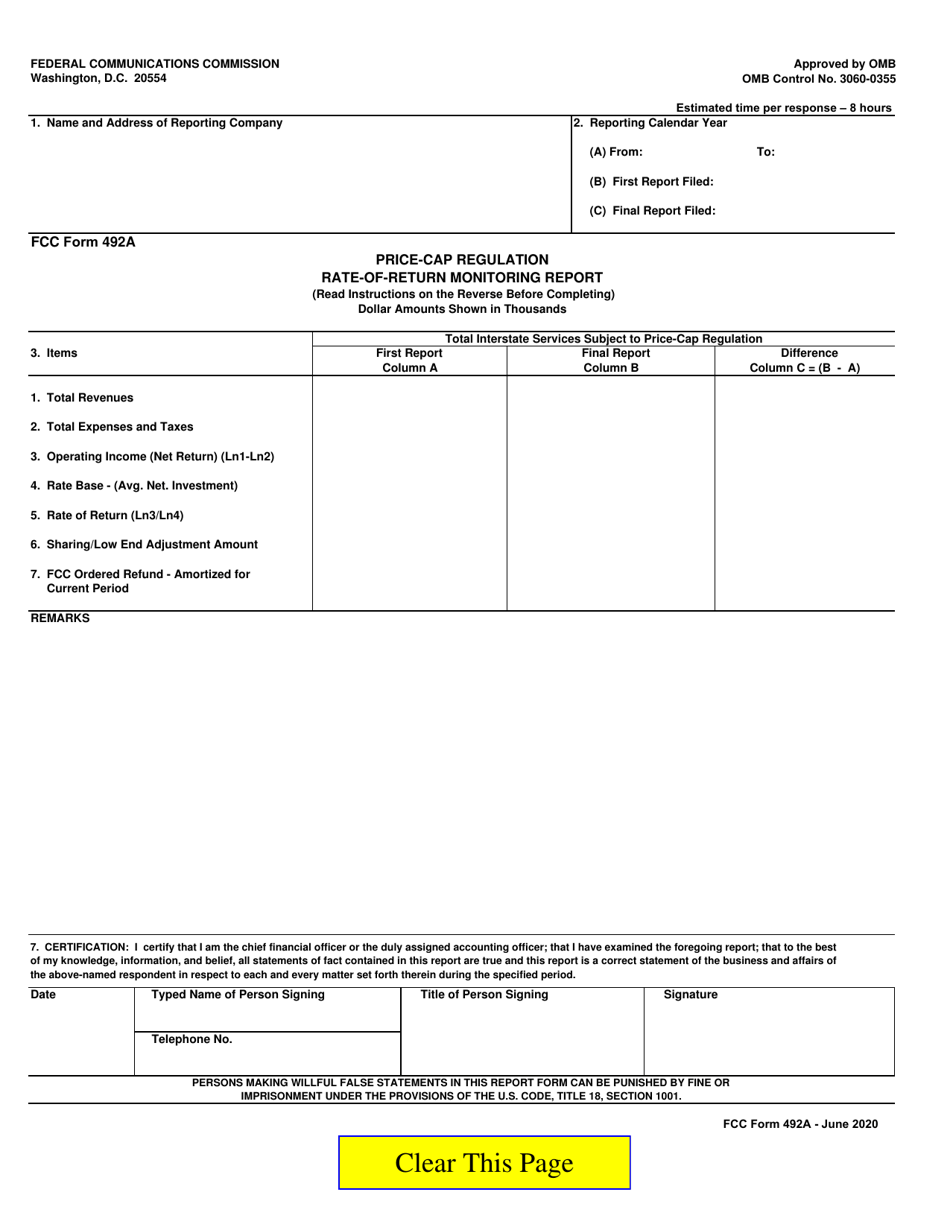 FCC Form 492A Price-CAP Regulation Rate-Of-Return Monitoring Report, Page 1