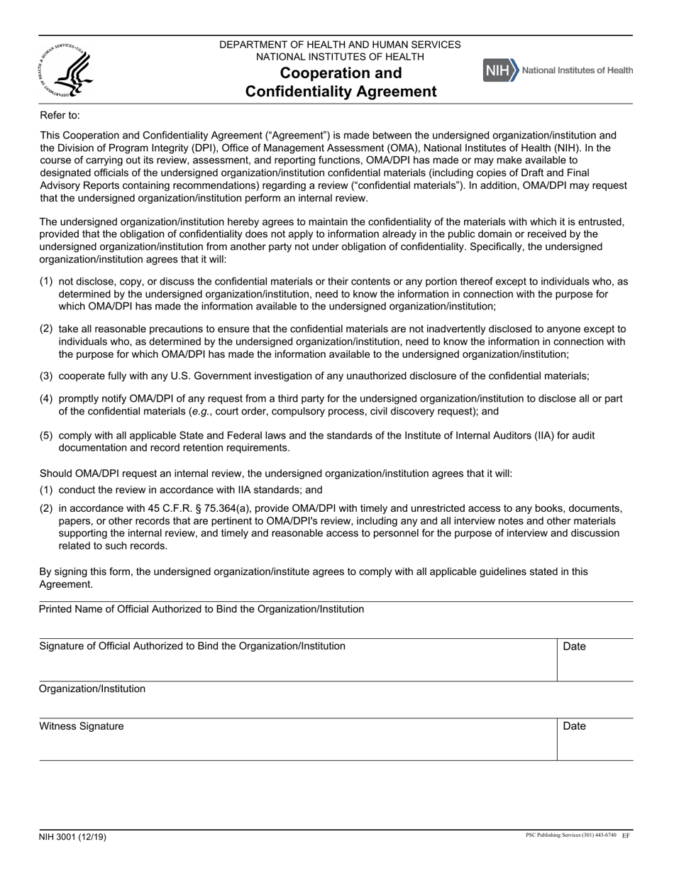 Form NIH3001 Cooperation and Confidentiality Agreement, Page 1