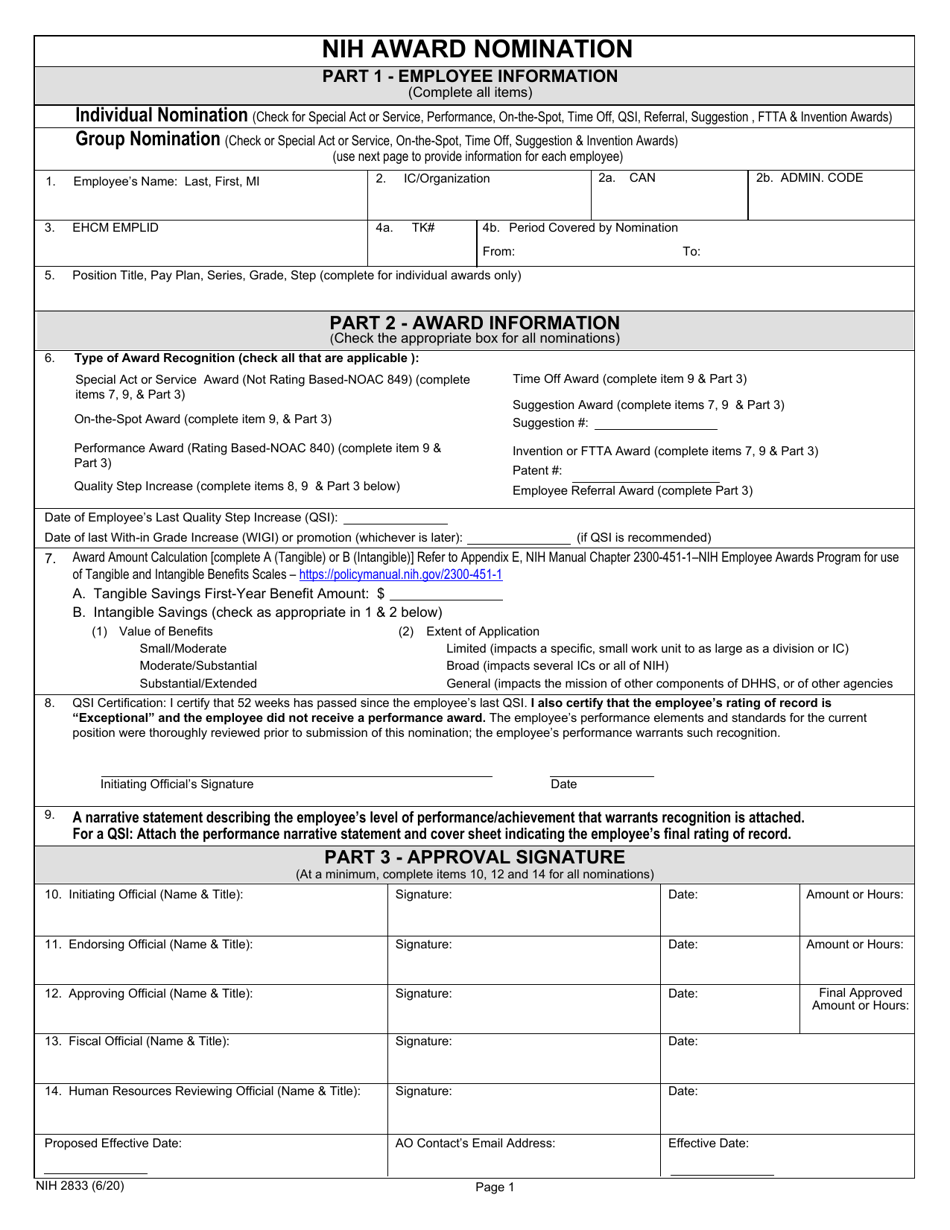 Form NIH2833 Download Fillable PDF or Fill Online Nih Award Nomination