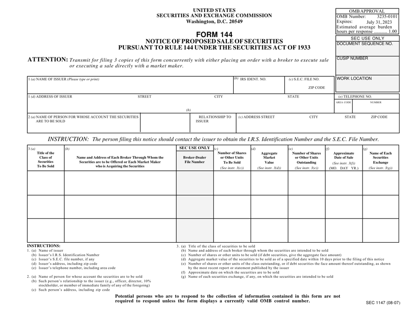 Form 144 (SEC Form 1147)  Printable Pdf