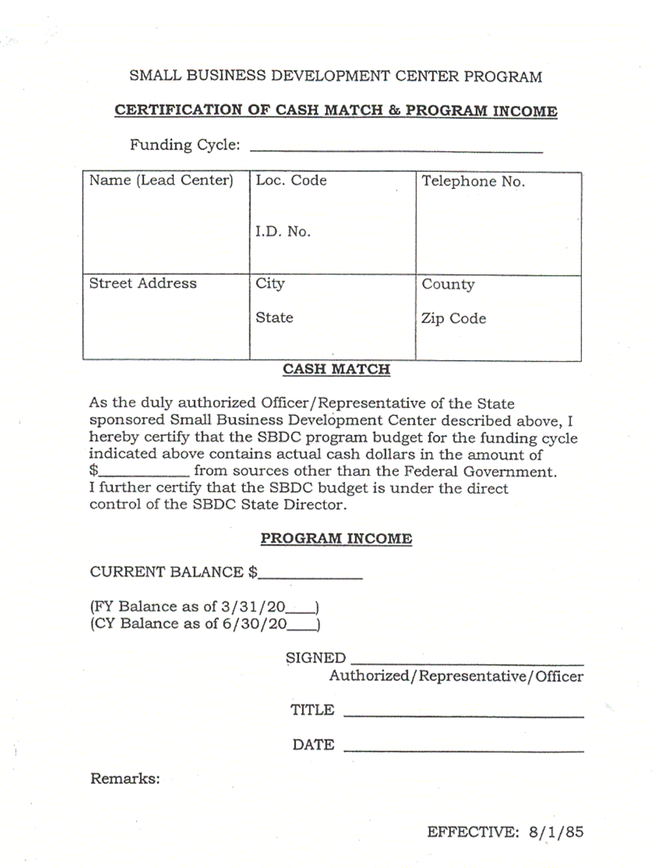 Certification of Cash Match and Program Income, Page 1
