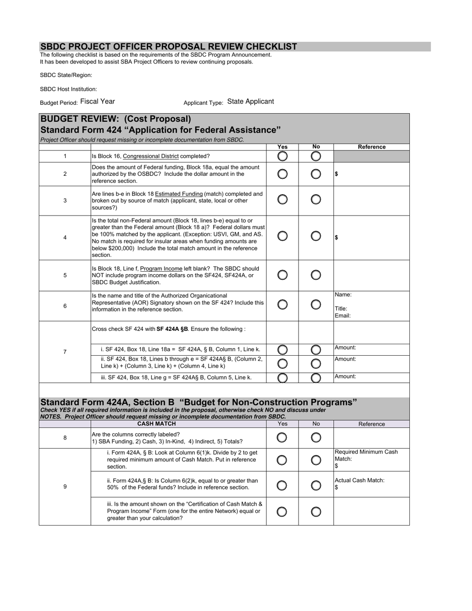 Sbdc Project Officer Proposal Review Checklist, Page 1