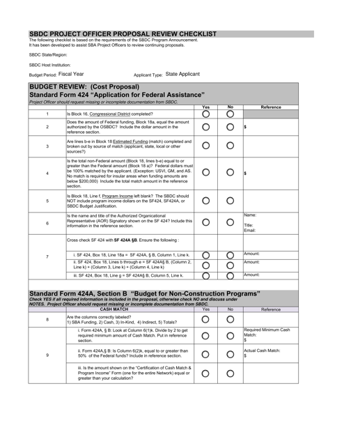 Sbdc Project Officer Proposal Review Checklist