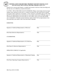 SBA Form 2481 Certification for Historic Property Review for SBA Loan (Section 106 of the National Historic Preservation Act), Page 2