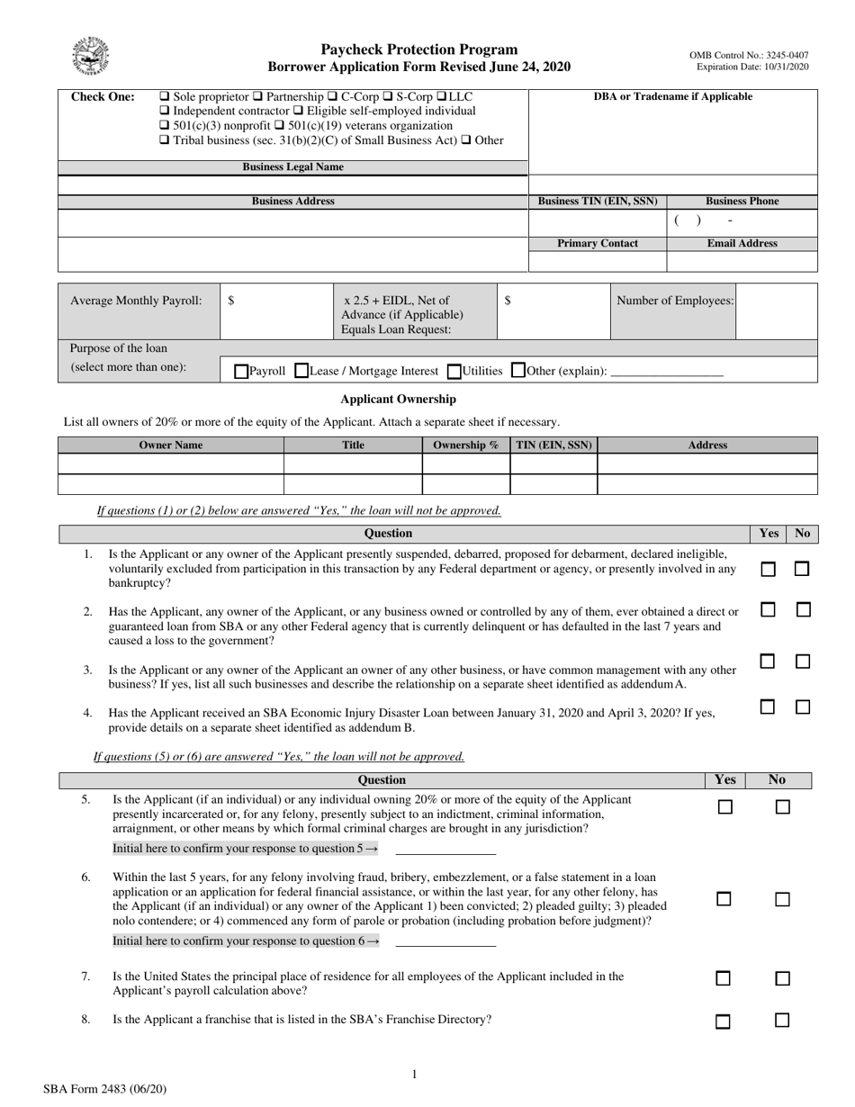 SBA Form 2483 Paycheck Protection Program Borrower Application Form, Page 1