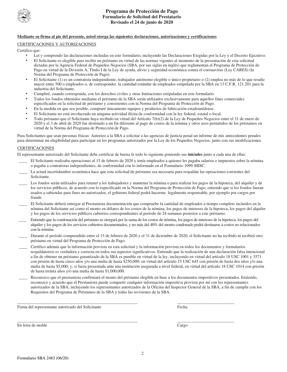SBA Formulario 2483 Programa De Proteccion De Pago Formulario De Solicitud Del Prestatario (Spanish), Page 2