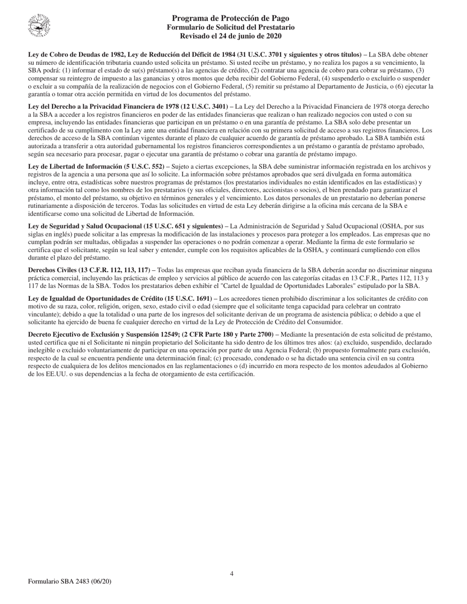 SBA Formulario 2483 Programa De Proteccion De Pago Formulario De Solicitud Del Prestatario (Spanish), Page 4