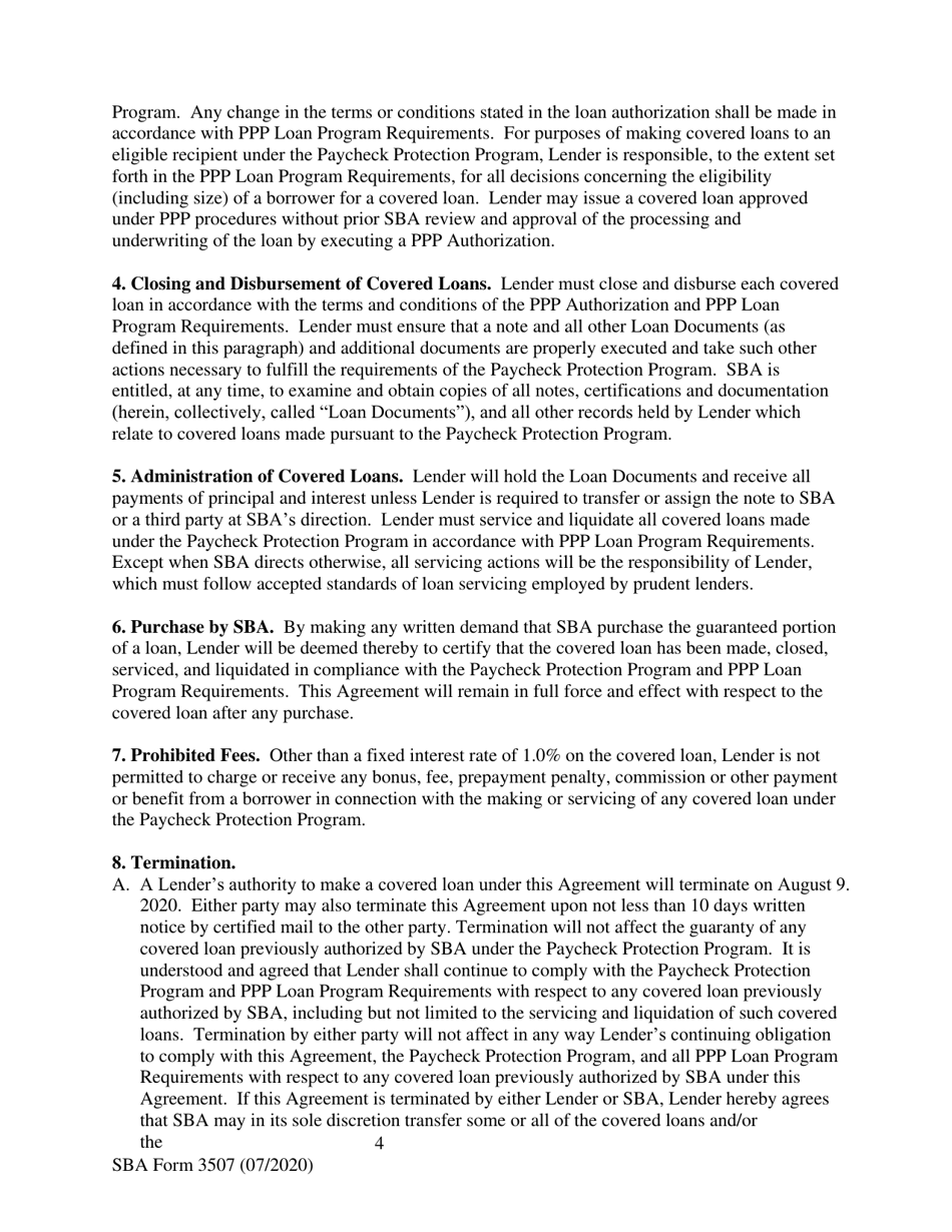 SBA Form 3507 CARES Act Section 1102 Lender Agreement - Non-bank and Non-insured Depository Institution Lenders, Page 4