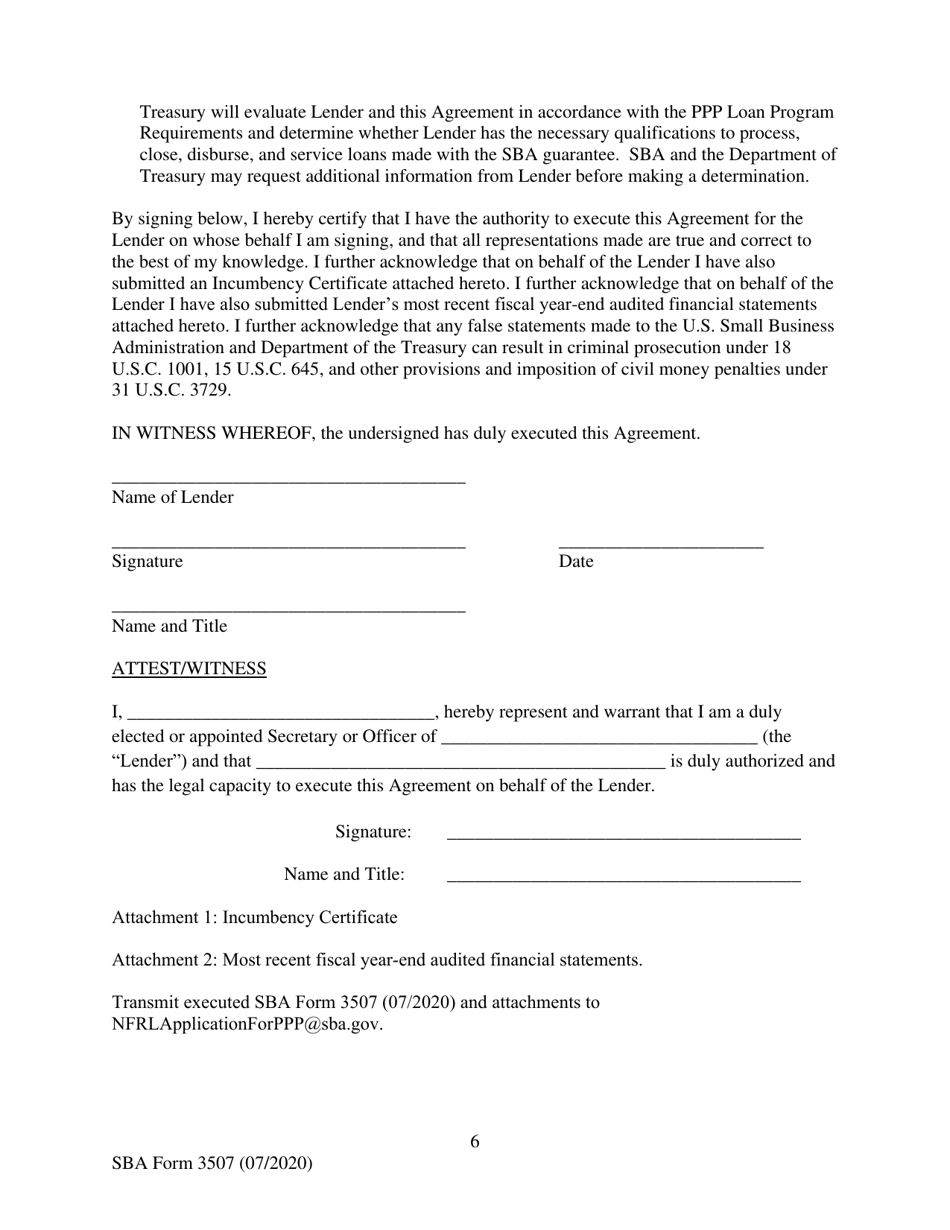 SBA Form 3507 CARES Act Section 1102 Lender Agreement - Non-bank and Non-insured Depository Institution Lenders, Page 6