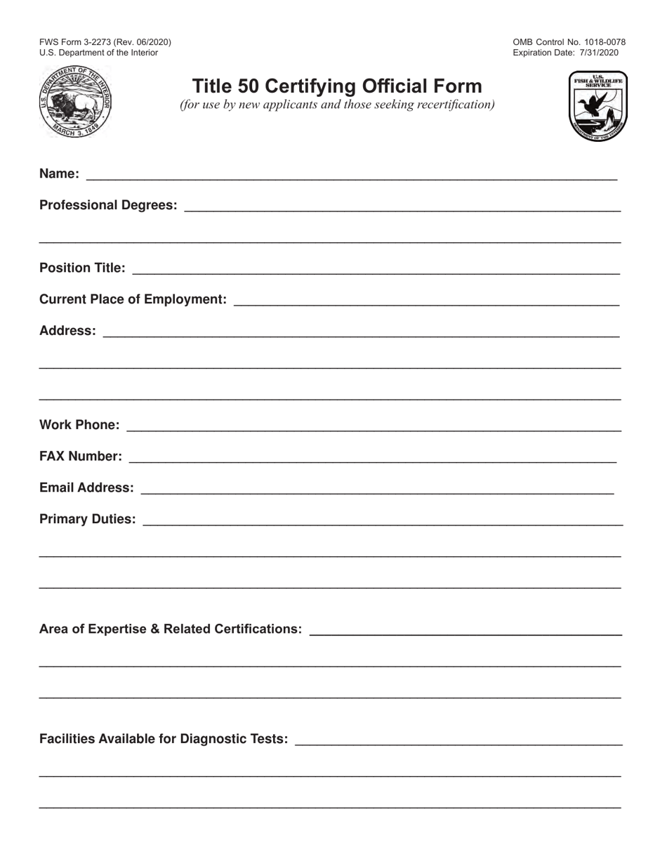 FWS Form 3-2273 Title 50 Certifying Official Form, Page 1