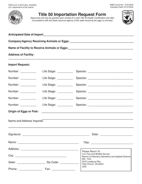 FWS Form 3-2275  Printable Pdf