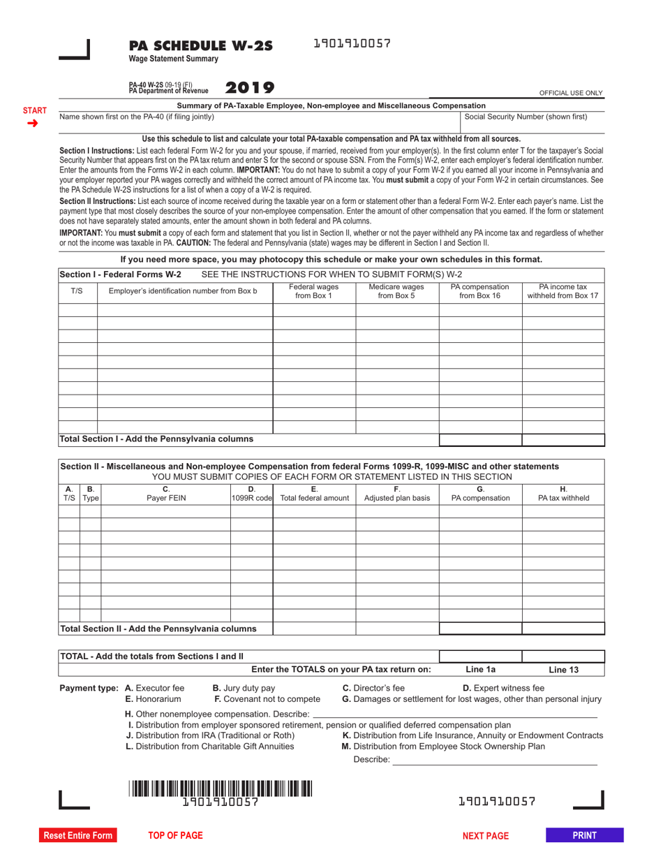 Form PA-40 Schedule W-2S Wage Statement Summary - Pennsylvania, Page 1