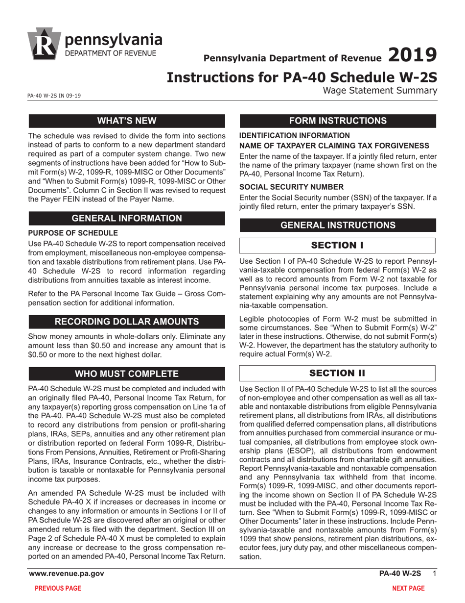 Form PA40 Schedule W2S Download Fillable PDF or Fill Online Wage Statement Summary 2019