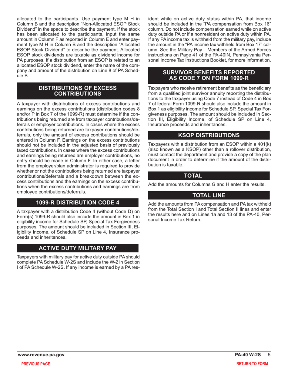 Form PA-40 Schedule W-2S Wage Statement Summary - Pennsylvania, Page 7