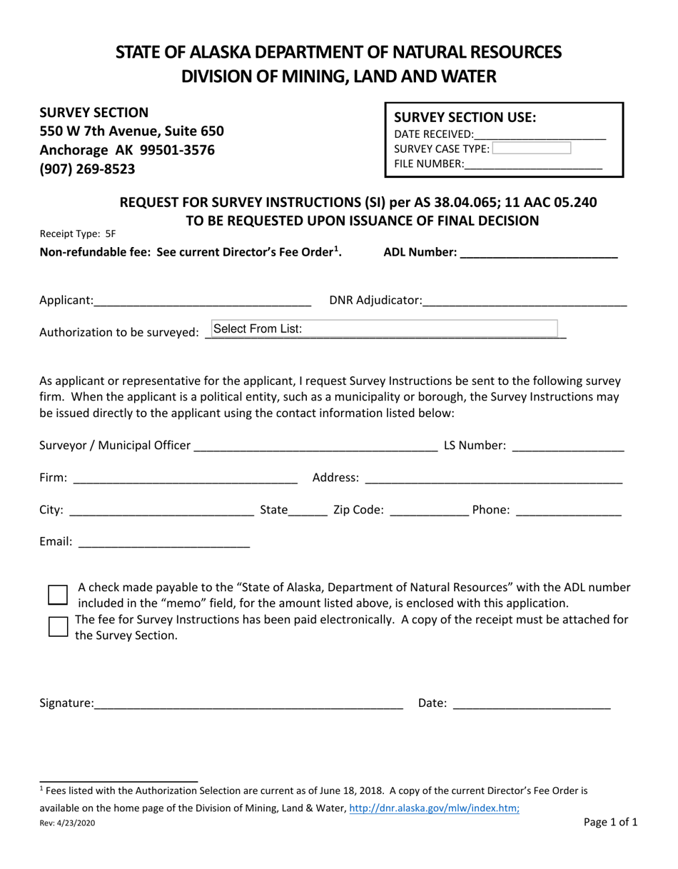 Request for Survey Instructions (Si) Per as 38.04.065; 11 Aac 05.240 to Be Requested Upon Issuance of Final Decision - Alaska, Page 1