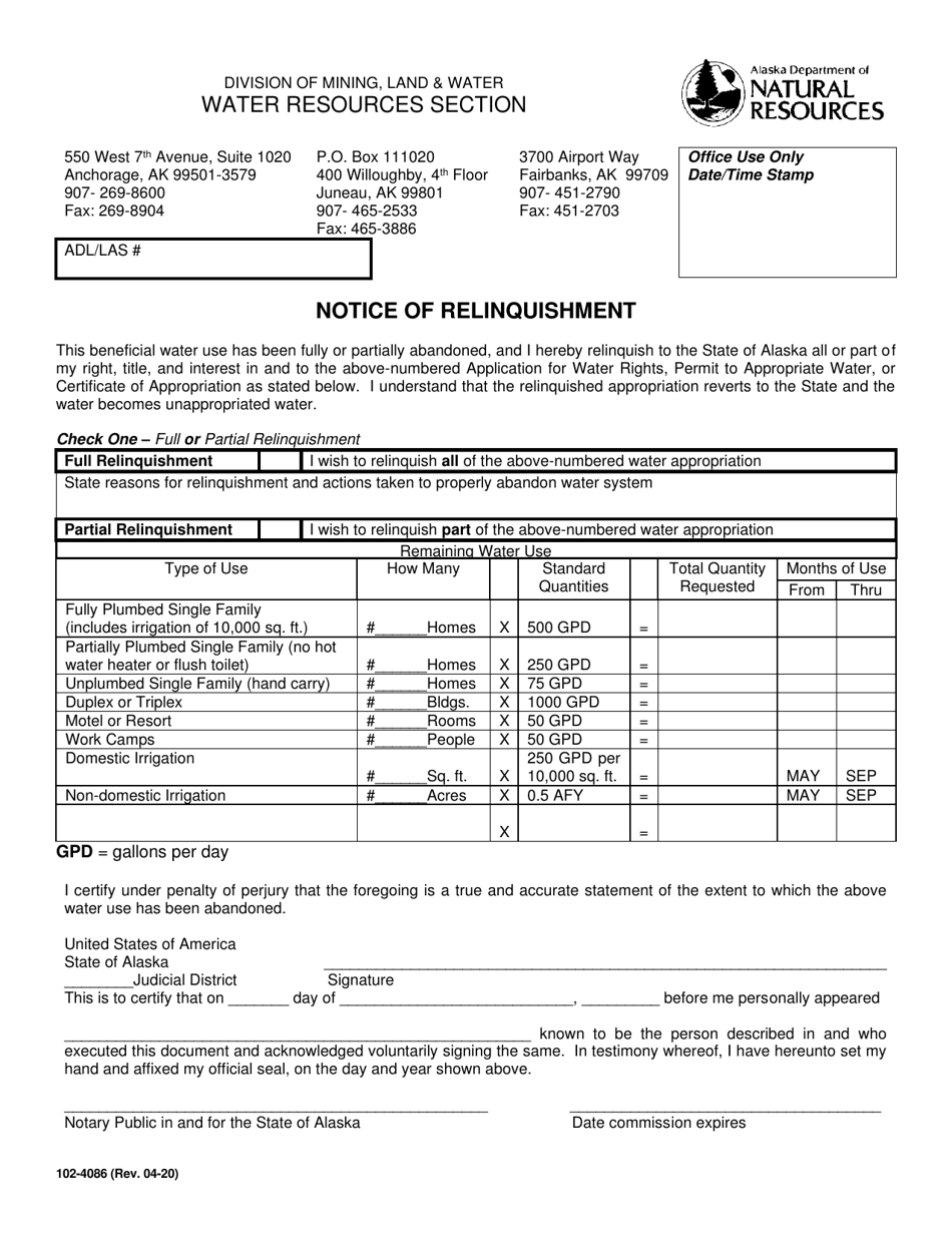 Form 102-4086 Notice of Relinquishment - Alaska, Page 1