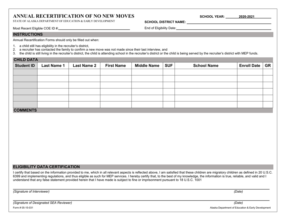 Form 05-15-031 Annual Recertification of No New Moves - Alaska, Page 1