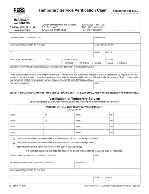 Form 02-1882 Temporary Service Verification Claim - Alaska