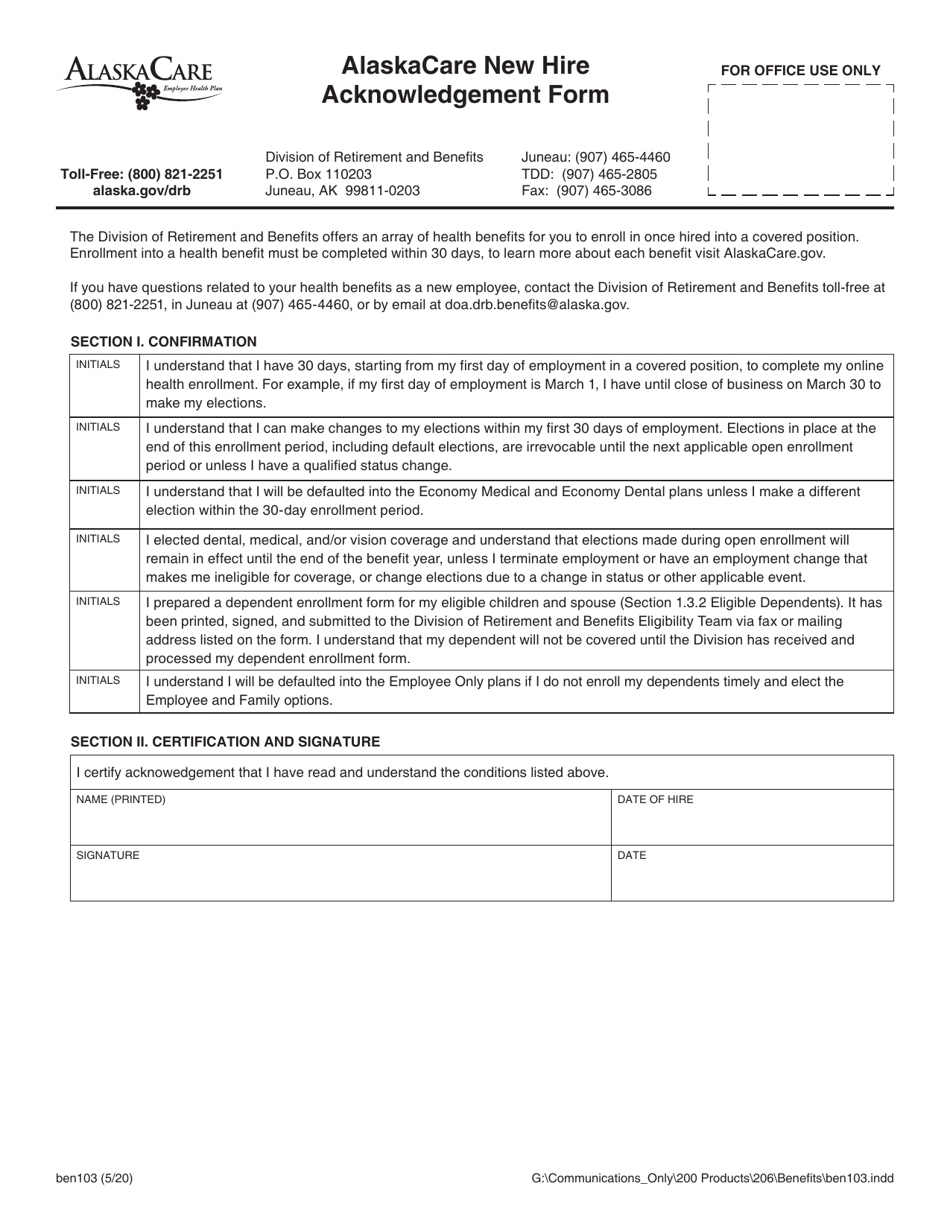 Form BEN103 Alaskacare New Hire Acknowledgement Form - Alaska, Page 1
