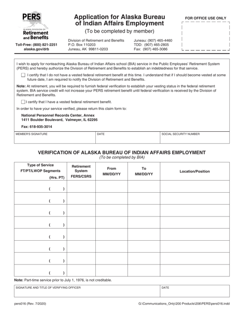 Form PERS016 Application for Alaska Bureau of Indian Affairs Employment - Alaska