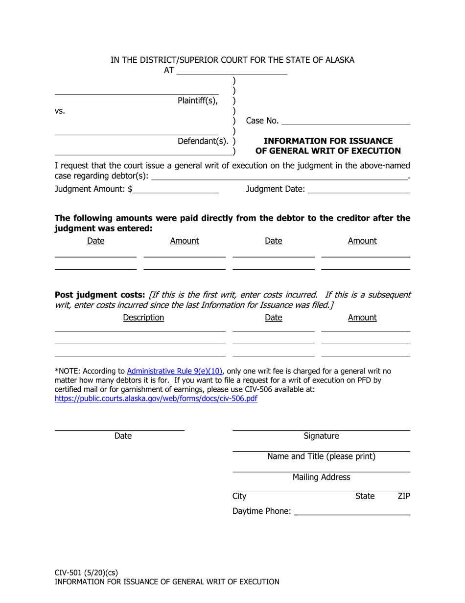 Form CIV-501 Information for Issuance of General Writ of Execution - Alaska, Page 1