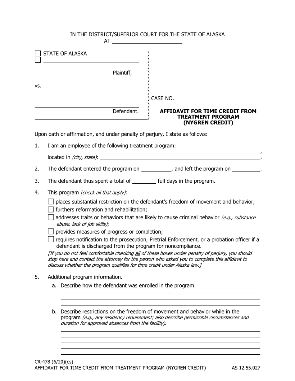 Form CR-478 Affidavit for Time Credit From Treatment Program (Nygren Credit) - Alaska, Page 1