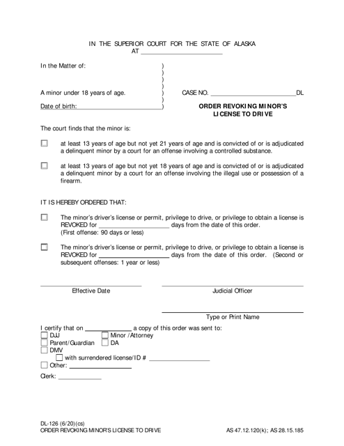 Form DL-126 Order Revoking Minor's License to Drive - Alaska
