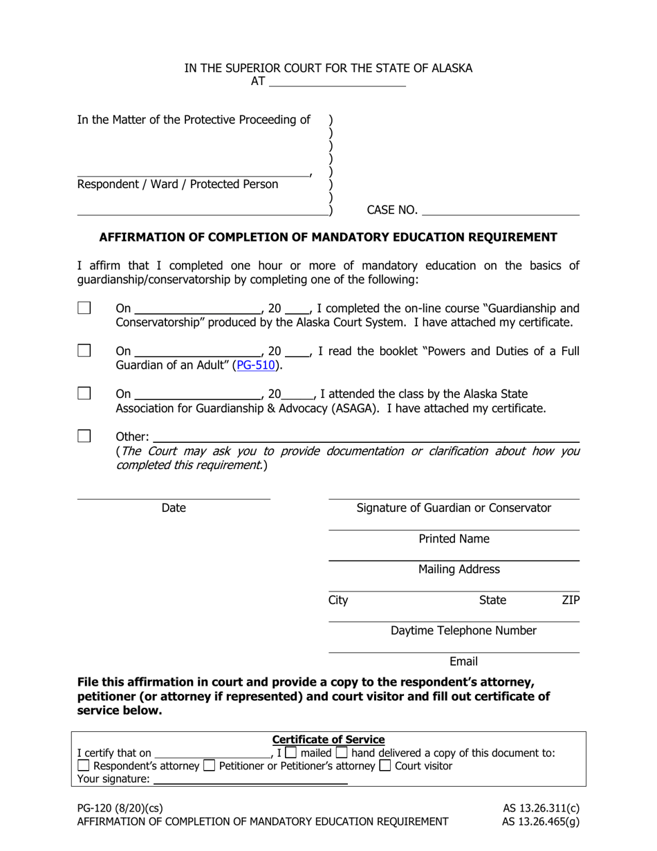 Form PG-120 Affirmation of Completion of Mandatory Education Requirement - Alaska, Page 1