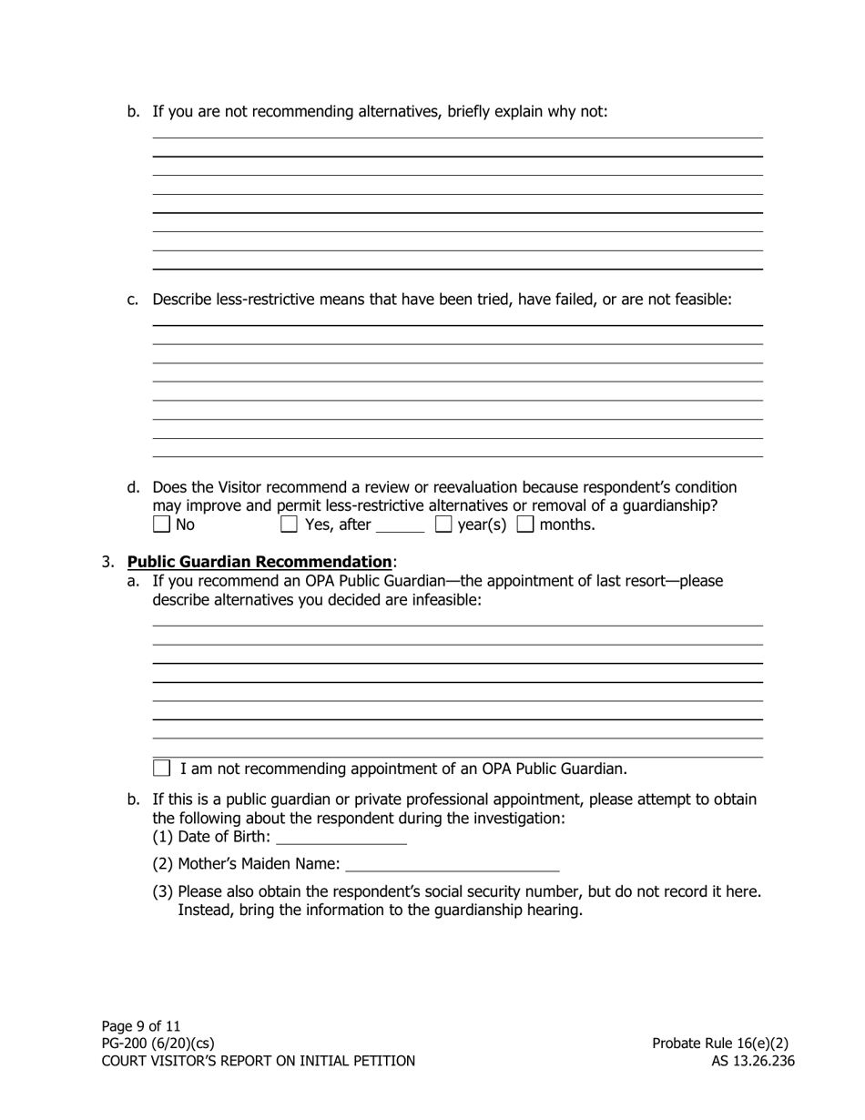Form PG-200 Court Visitors Report on Initial Petition - Alaska, Page 9