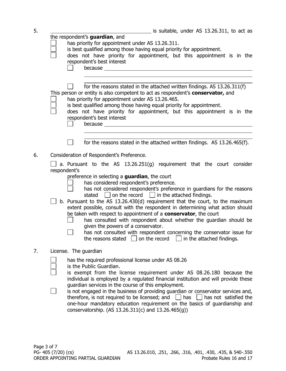 Form PG-405 Order Appointing Partial Guardian - Alaska, Page 3