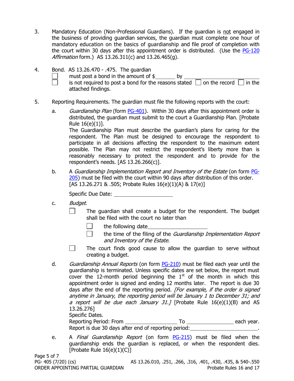 Form PG-405 Order Appointing Partial Guardian - Alaska, Page 5