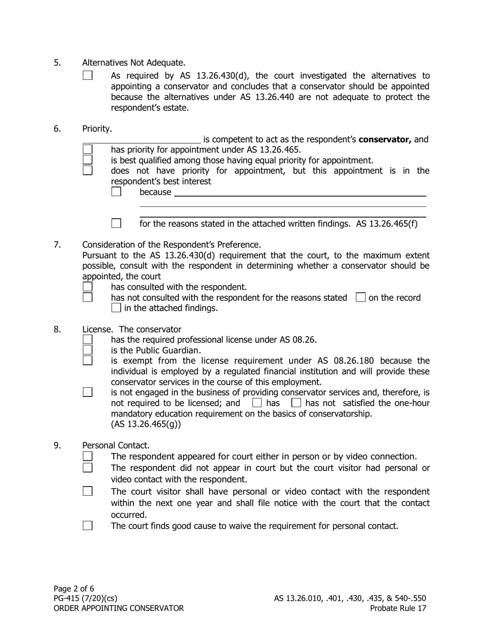 Form PG-415 Order Appointing Conservator - Alaska, Page 2