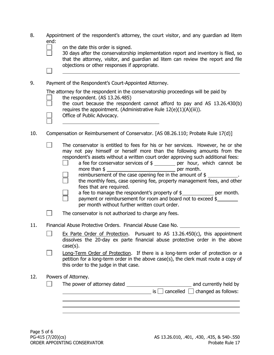 Form PG-415 Order Appointing Conservator - Alaska, Page 5