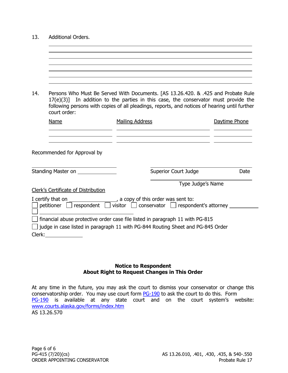 Form PG-415 Order Appointing Conservator - Alaska, Page 6