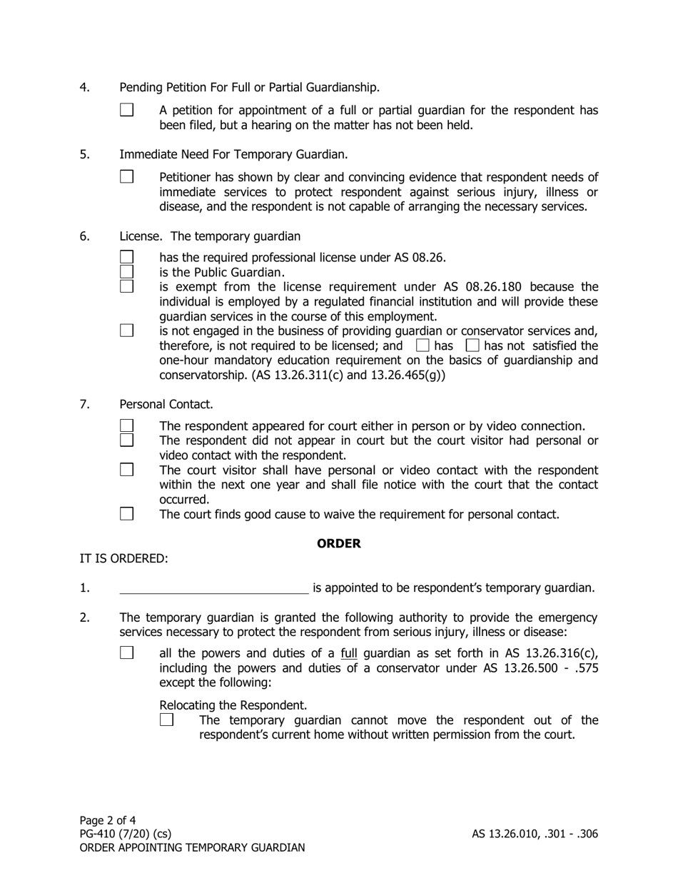 Form PG-410 Order Appointing Temporary Guardian Under as 13.26.301 - Alaska, Page 2