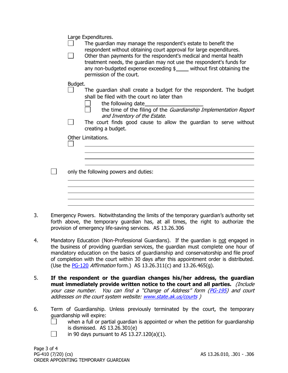 Form PG-410 Order Appointing Temporary Guardian Under as 13.26.301 - Alaska, Page 3