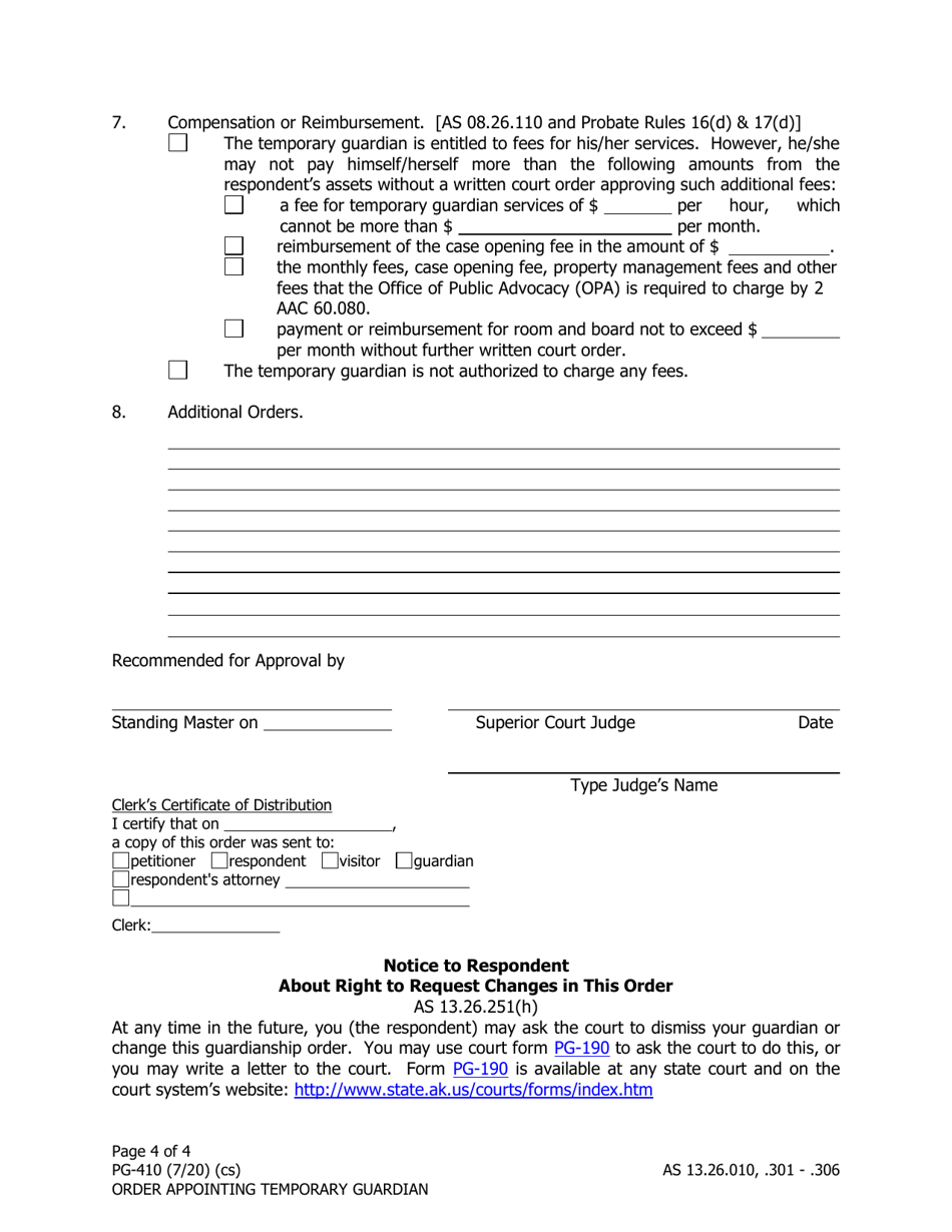Form PG-410 Order Appointing Temporary Guardian Under as 13.26.301 - Alaska, Page 4