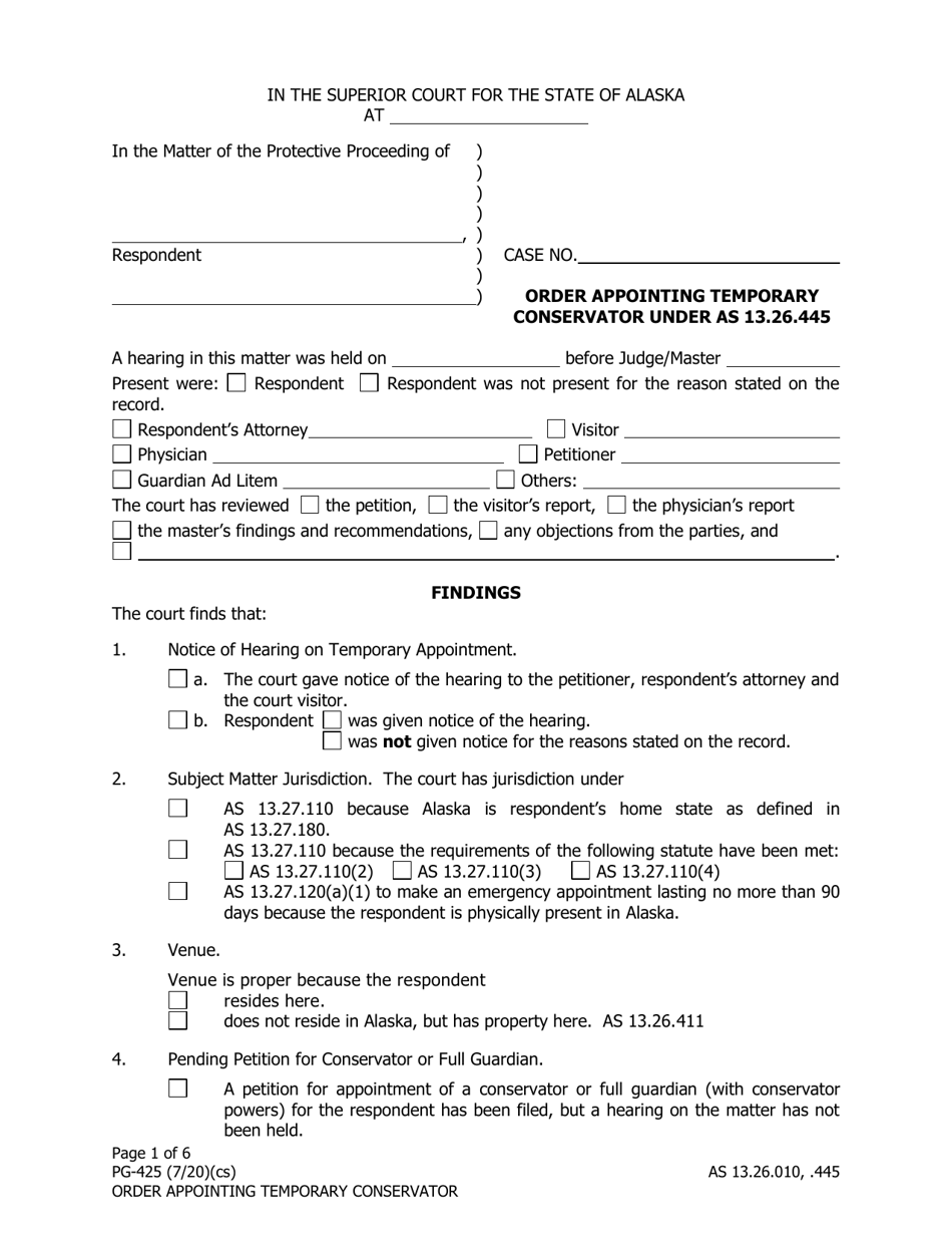 Form PG-425 Order Appointing Temporary Conservator Under as 13.26.445 - Alaska, Page 1