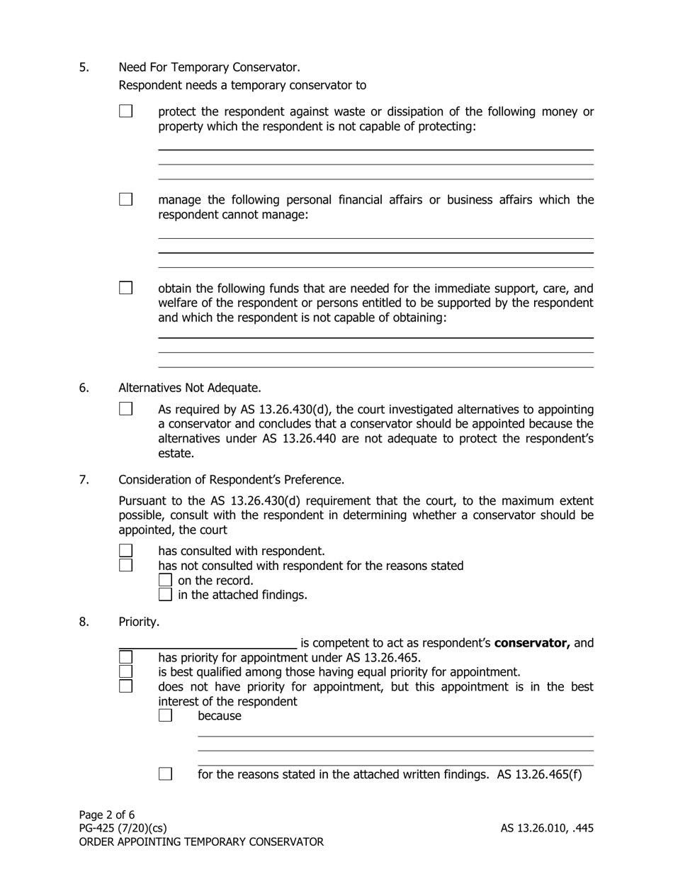 Form PG-425 Order Appointing Temporary Conservator Under as 13.26.445 - Alaska, Page 2