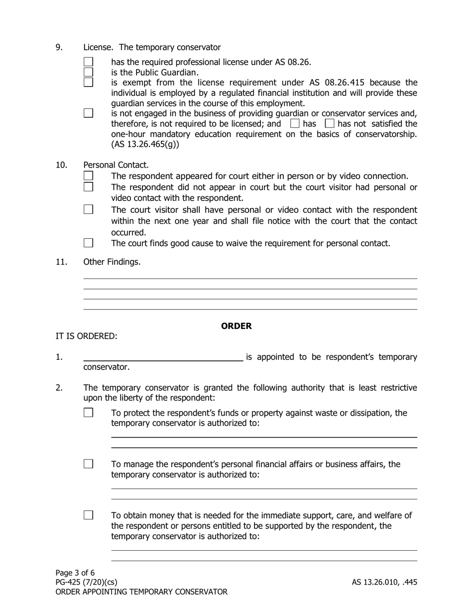 Form PG-425 Order Appointing Temporary Conservator Under as 13.26.445 - Alaska, Page 3