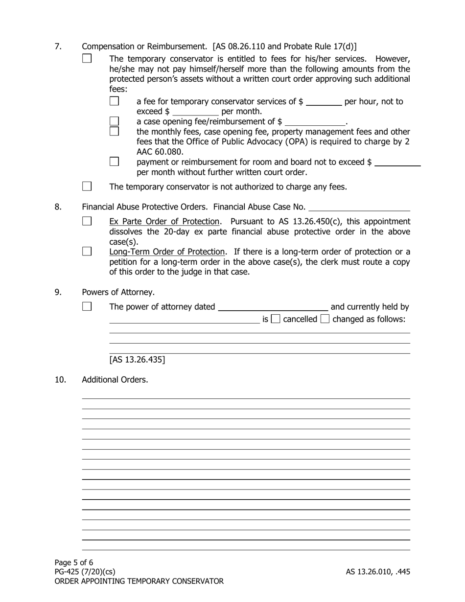 Form PG-425 Order Appointing Temporary Conservator Under as 13.26.445 - Alaska, Page 5