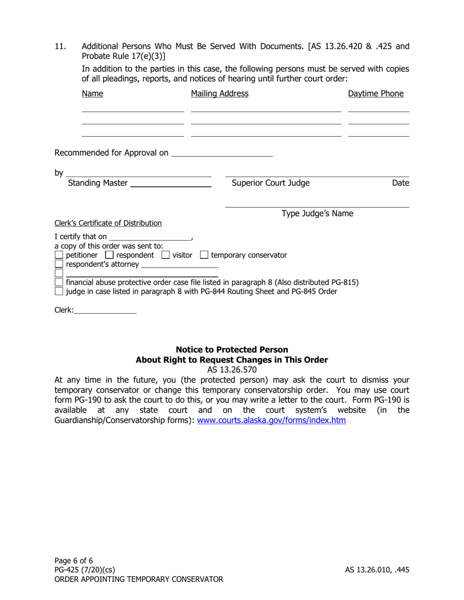 Form PG-425 Order Appointing Temporary Conservator Under as 13.26.445 - Alaska, Page 6