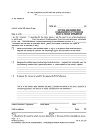 Document preview: Form PG-910 Motion and Order for Disbursement of Proceeds From a Minor Settlement - Alaska