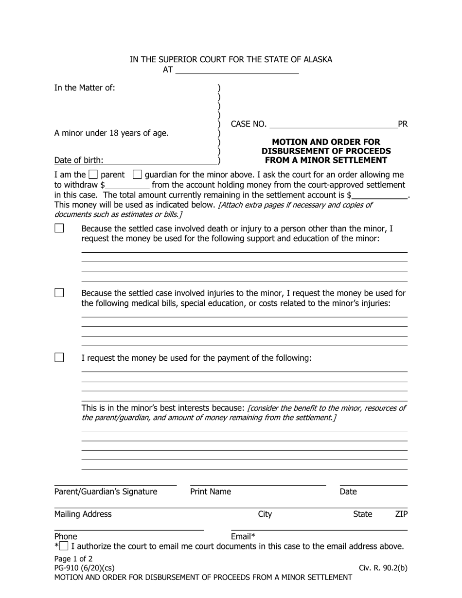 Form PG-910 Motion and Order for Disbursement of Proceeds From a Minor Settlement - Alaska, Page 1