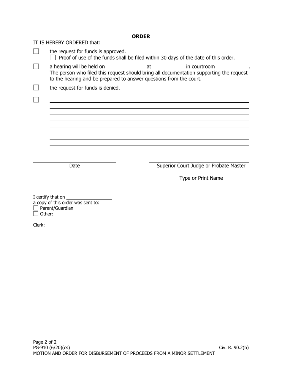 Form PG-910 Motion and Order for Disbursement of Proceeds From a Minor Settlement - Alaska, Page 2