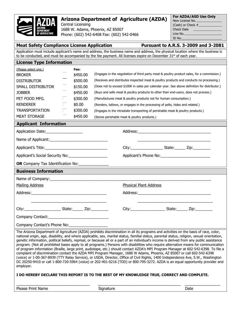 Arizona Meat Safety Compliance License Application Download Fillable
