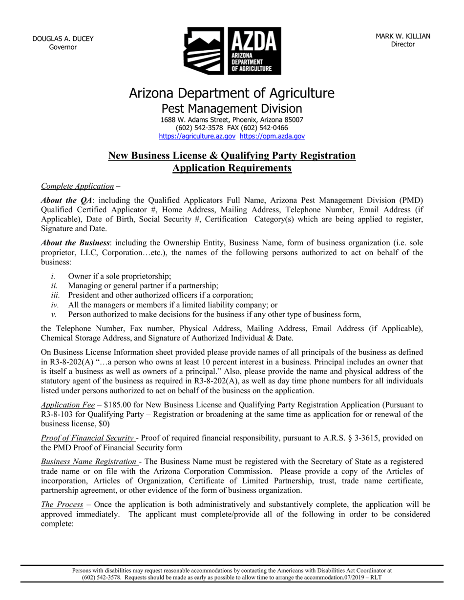 New Business License and Qualifying Party Registration Application - Arizona, Page 1