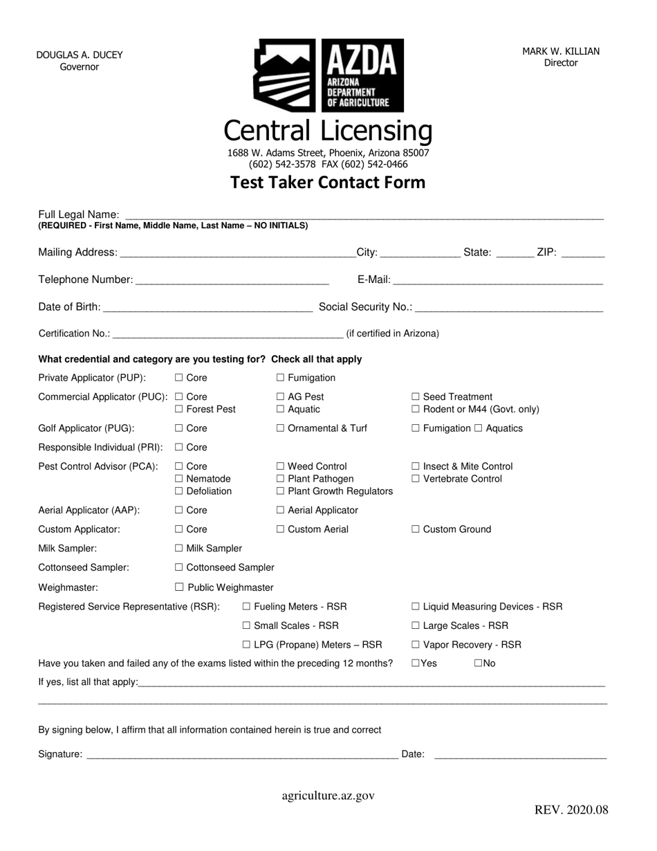 Test Taker Contact Form - Arizona, Page 1