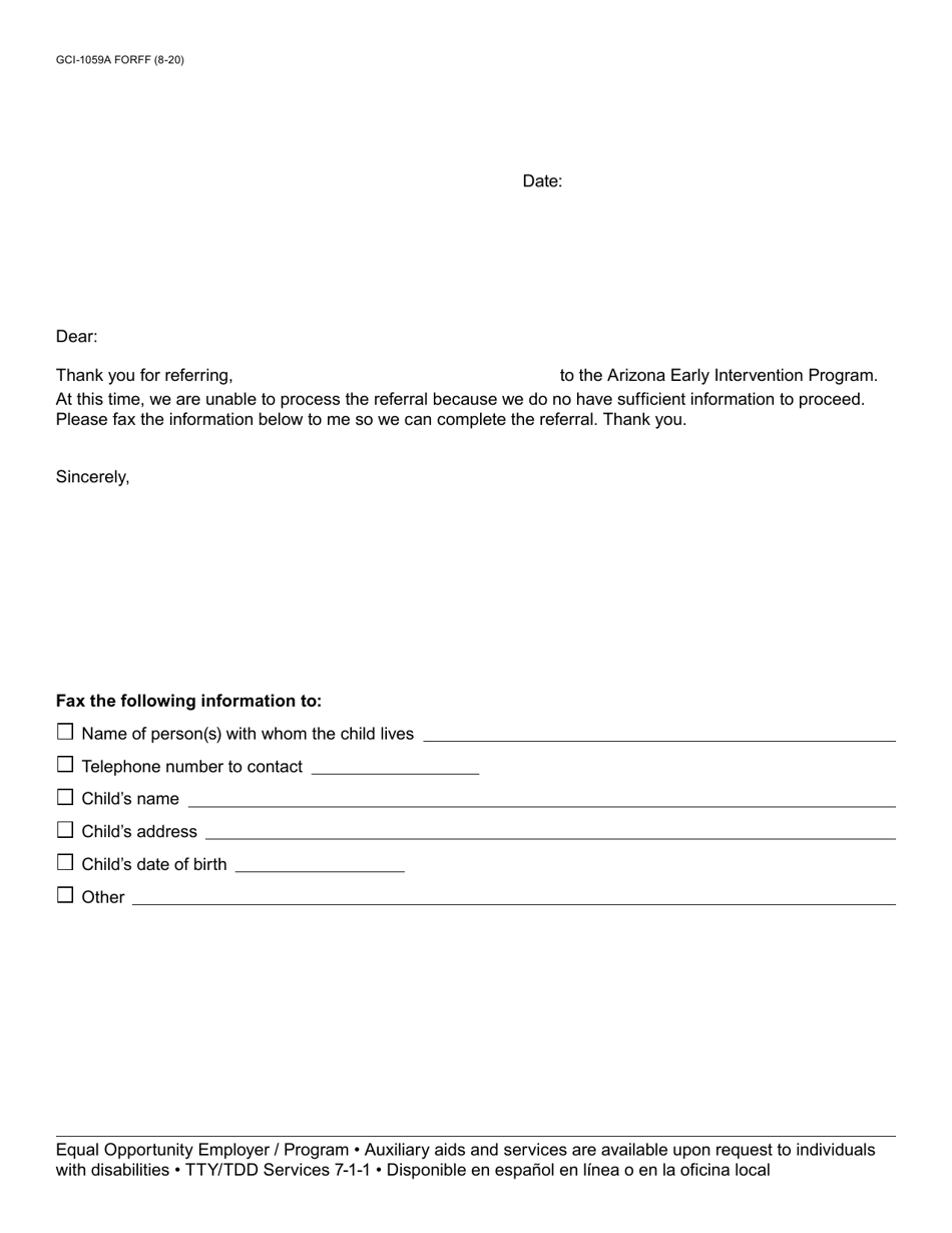 Form GCI-1059A Unable to Process Letter - Arizona, Page 1