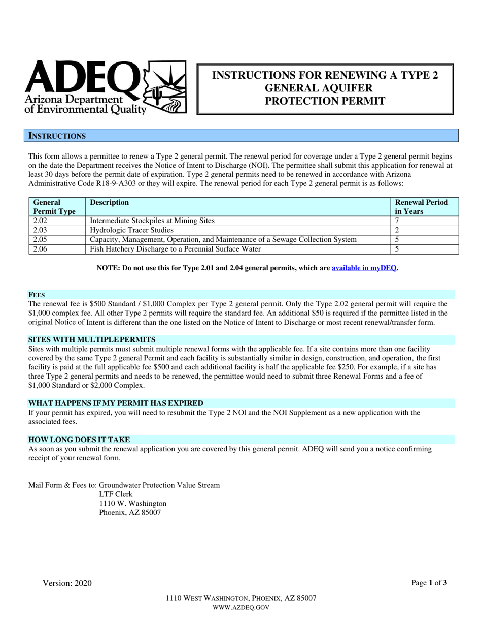 Renewal Form for a Type 2 General Aquifer Protection Permit - Arizona, Page 1